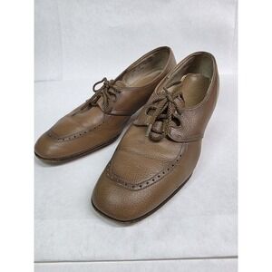 Footsaver By Drew Vintage Pumps Shoes Lace Up Camel Tan Leather Heels 8.5, 1960s